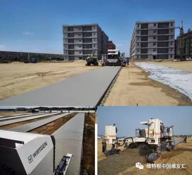 上：攤鋪完的廠房地坪混凝土板；下左：安裝在機身后部伸長臂上的超級抹平器，對混凝土表面進行進一步修復(fù)和處理；下右：一臺 SP 25 滑模攤鋪機即可整合所有傳統(tǒng)施工步驟，實現(xiàn)同步一體化作業(yè)